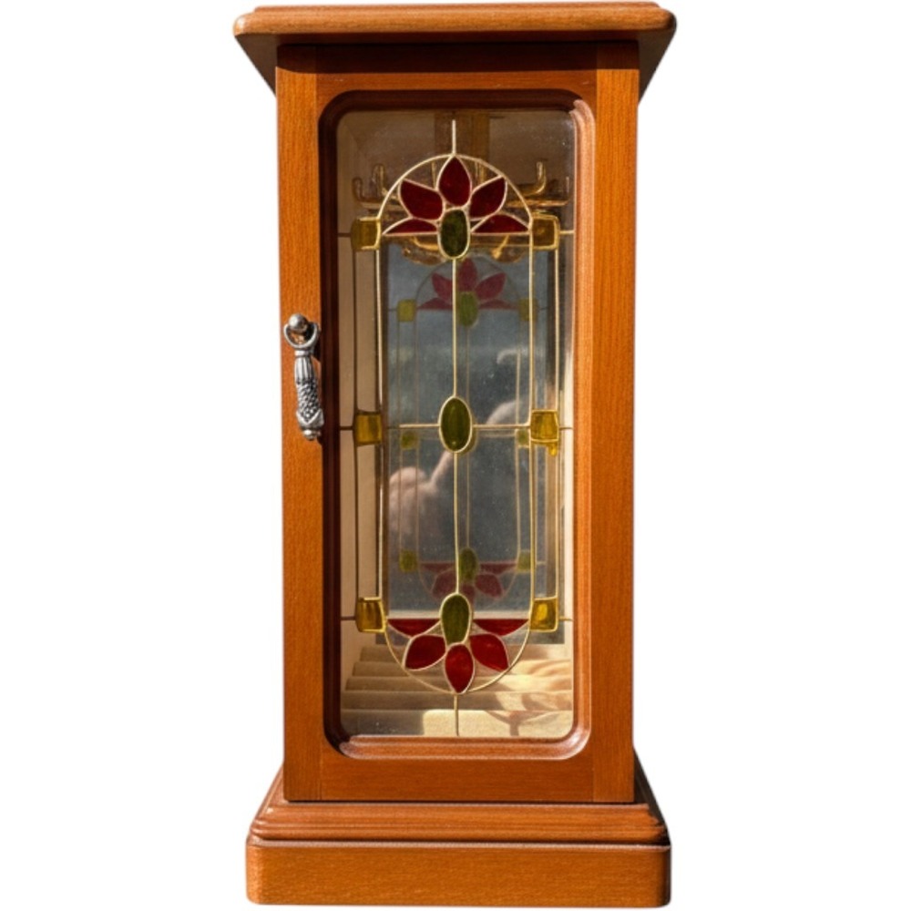Vintage Wood Jewelry Armoire Stained Glass Rotating Necklace Carousel Mirror